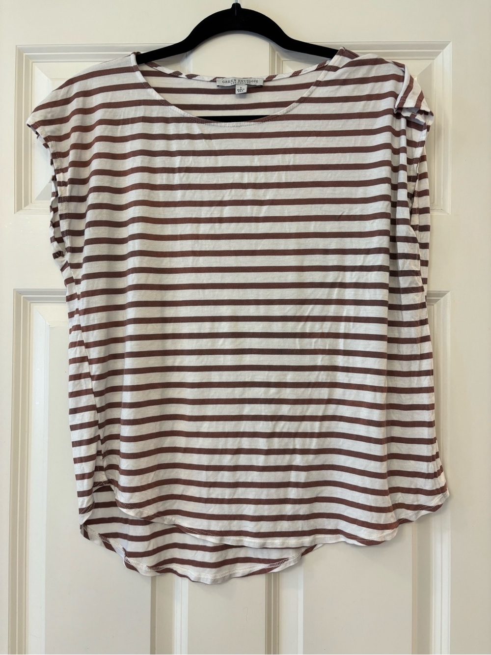 Green Envelope Striped Short Sleeve Top in Cream and Brown